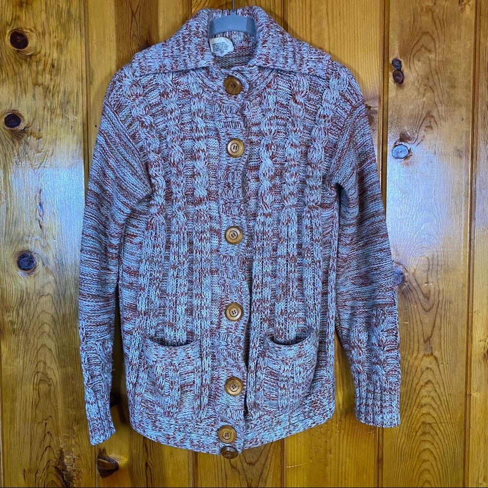 Vintage Space Dye Marled Rust and Cream Button-Front Cable Knit Sweater